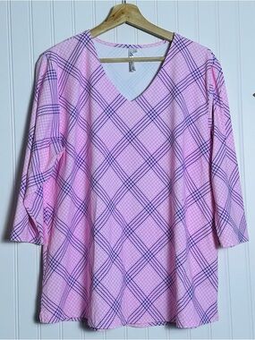 LULU-B Women’s Pink Plaid V-Neck Top Casual Chic Vacations 3/4 Sleeves